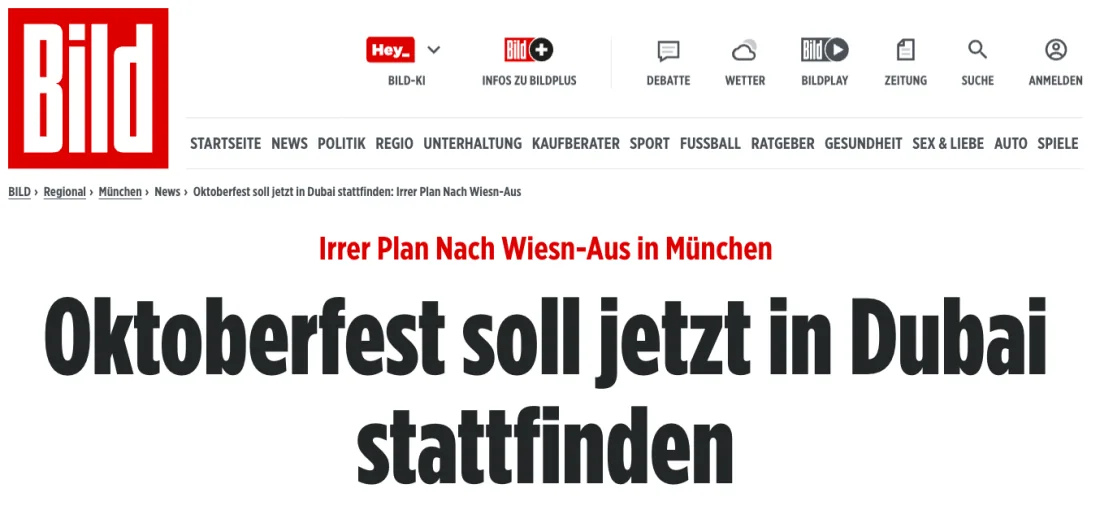 Schlagzeile der BILD: Oktoberfest soll jetzt in Dubai stattfinden